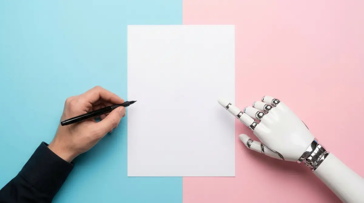 A human hand holding a pen and a robot hand, both reaching toward a blank sheet of paper