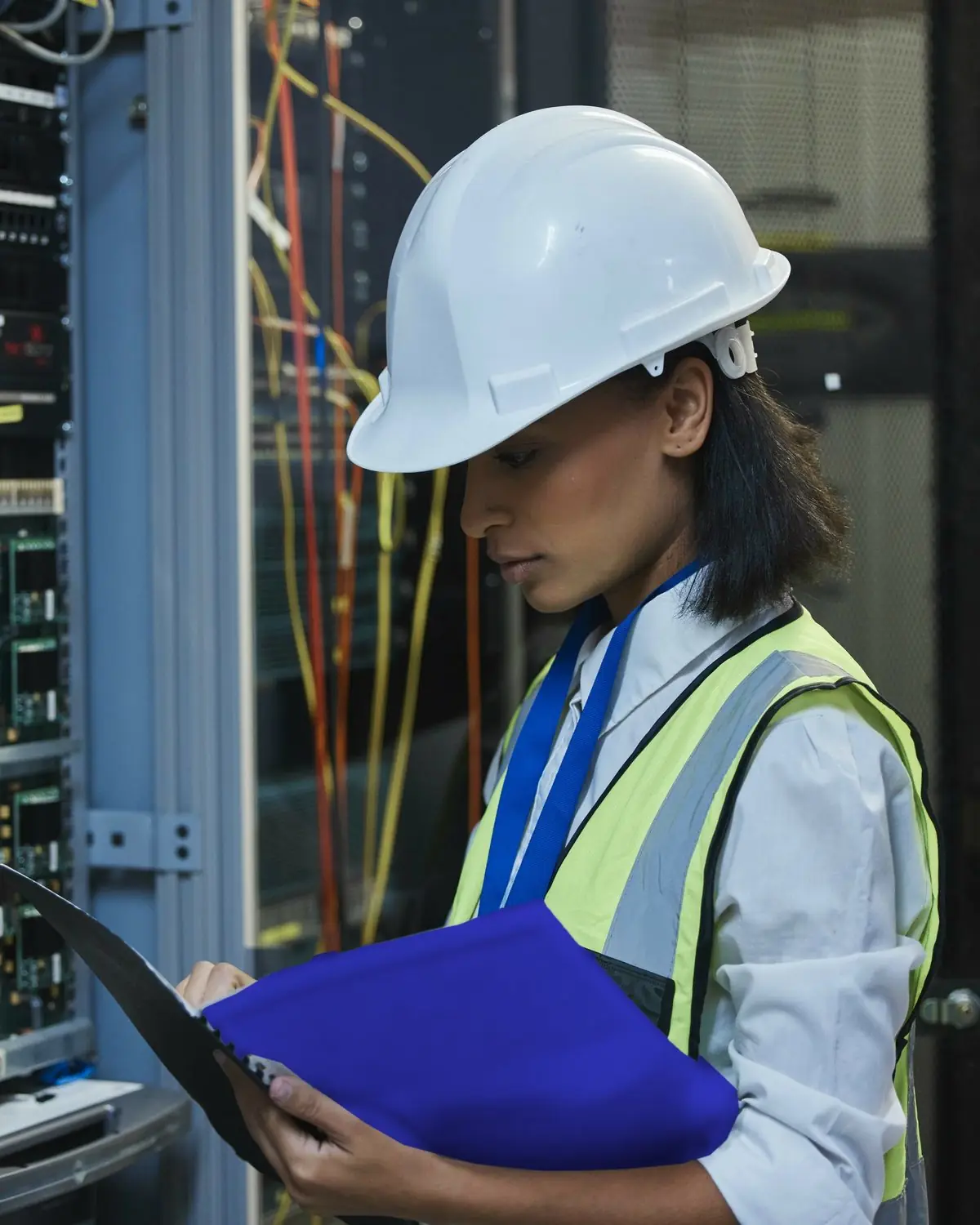 A technician in a hard hat reads a printed procedure before working on a server rack.